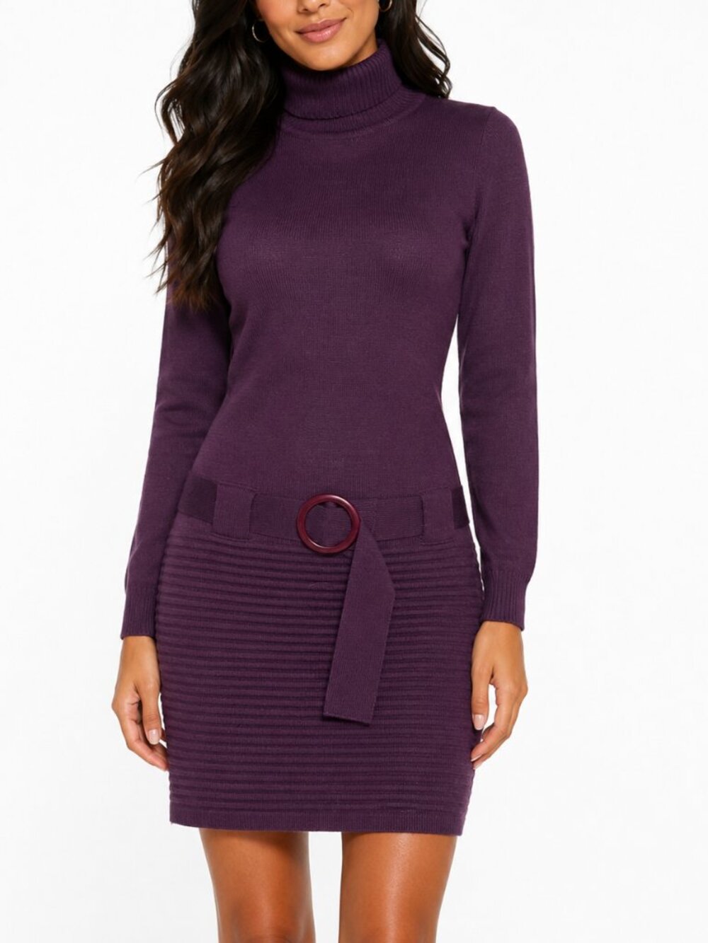 VENUS Whimsigoth Ribbed Knit Turtleneck Dress Plum Purple Belted Retro Size S
